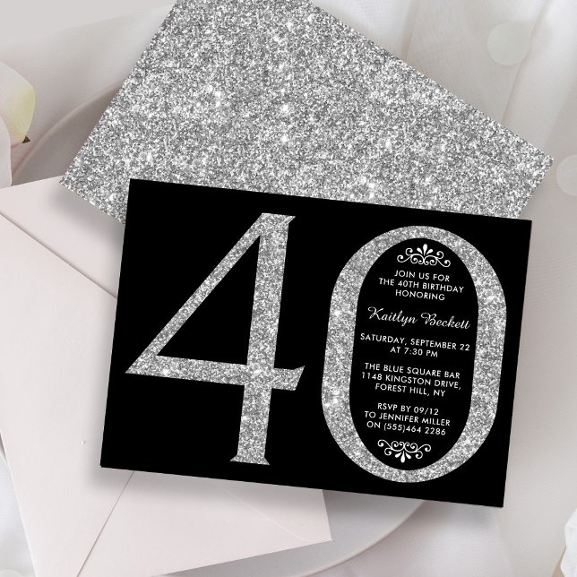 Elegant Silver Glitter Typography 40th Birthday Invitation (Creator Uploaded)