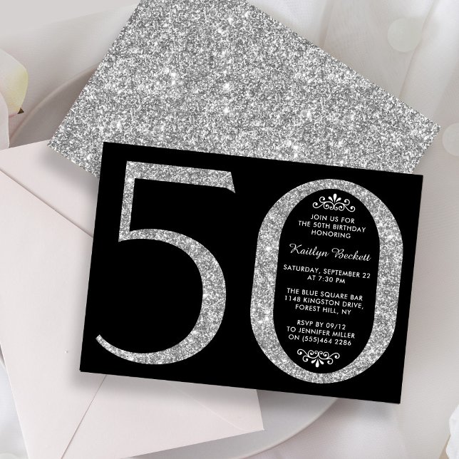 Elegant Silver Glitter Typography 50th Birthday Invitation (Creator Uploaded)