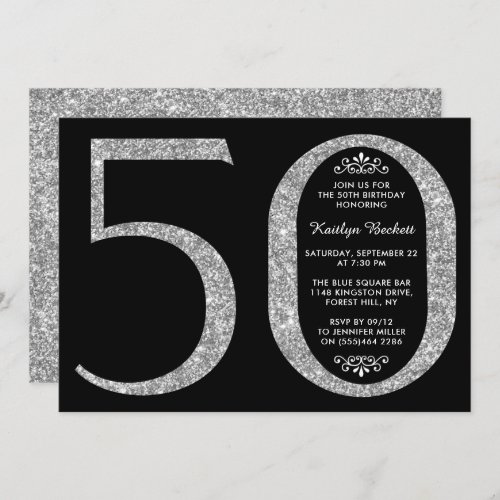 Elegant Silver Glitter Typography 50th Birthday Invitation