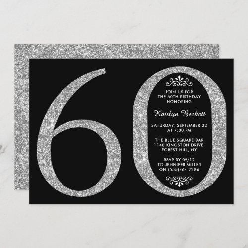 Elegant Silver Glitter Typography 60th Birthday Invitation