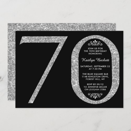 Elegant Silver Glitter Typography 70th Birthday Invitation