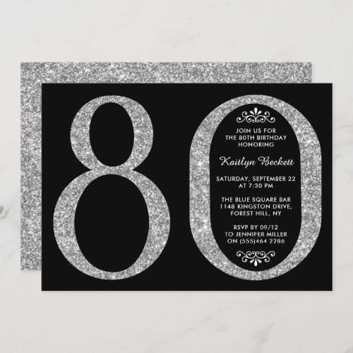 Elegant Silver Glitter Typography 80th Birthday Invitation