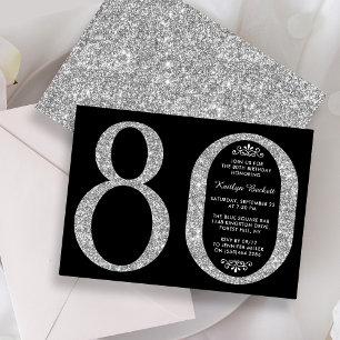 Elegant Silver Glitter Typography 80th Birthday Invitation