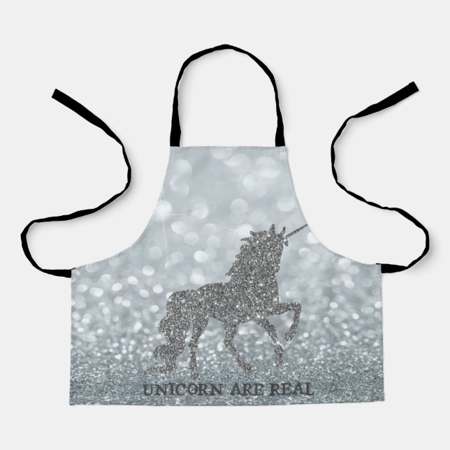 Elegant Silver Glitter Unicorn , Bokeh Apron (Front)