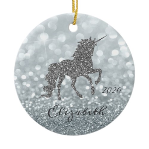 Elegant Silver Glitter Unicorn Bokeh Ceramic Ornament