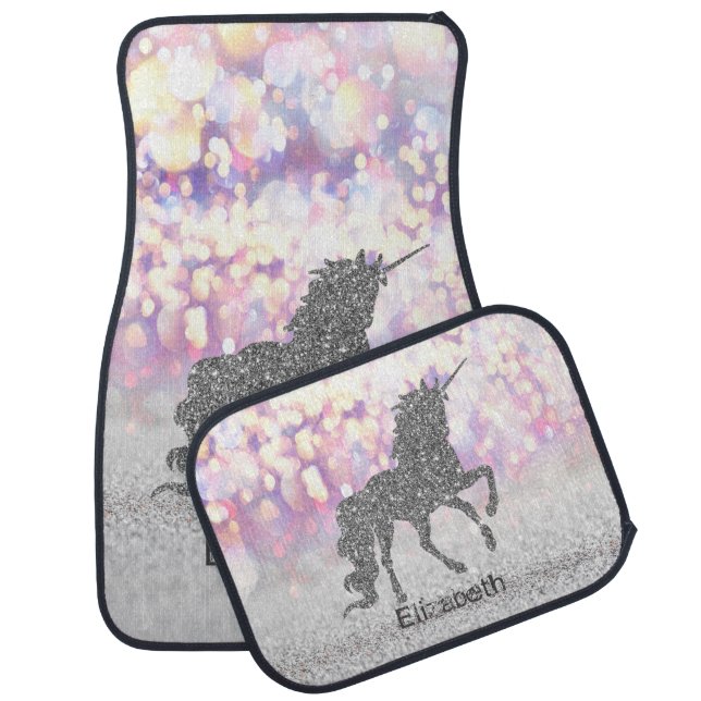 Elegant Silver Glitter Unicorn ,Rainbow Bokeh Car Floor Mat (Set)