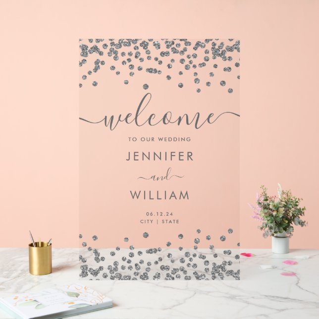 Elegant Silver Glitter Wedding Party Welcome  Acrylic Sign (Wedding)