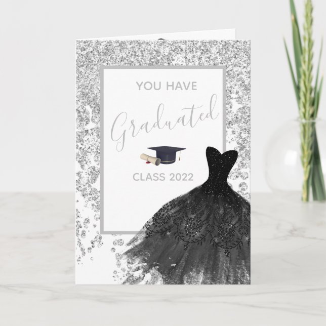 Elegant Silver Glittery Dress Grad Photo Card (Front)