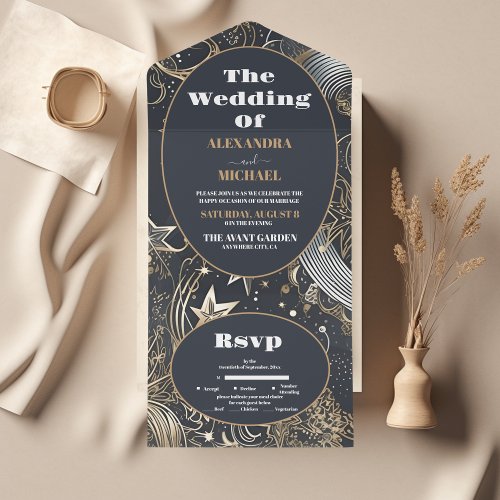 Elegant Silver Gold Celestial Wedding All In One Invitation
