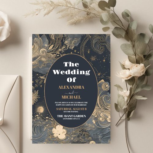 Elegant Silver Gold Celestial Wedding Invitation