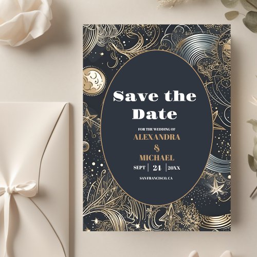 Elegant Silver Gold Celestial Wedding Save The Date