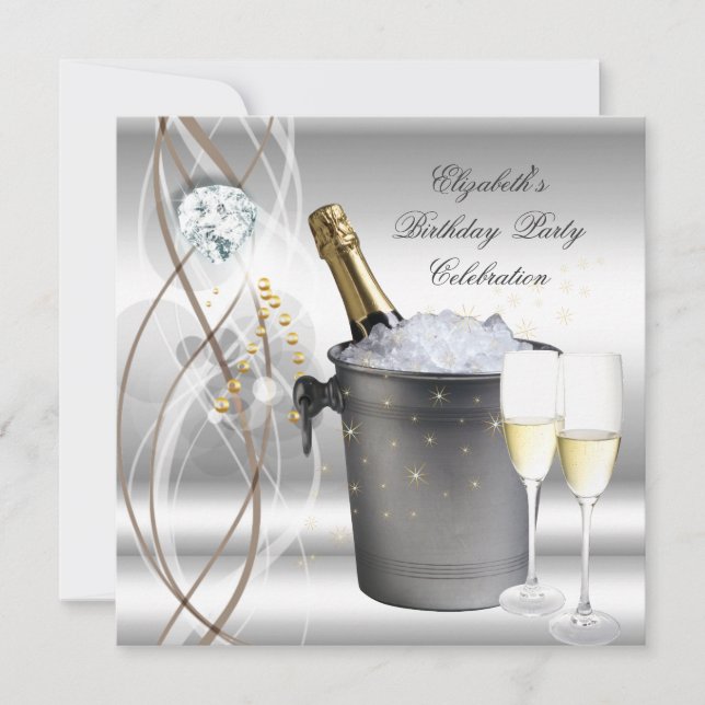 Elegant Silver Gold Champagne Birthday Party Invitation (Front)