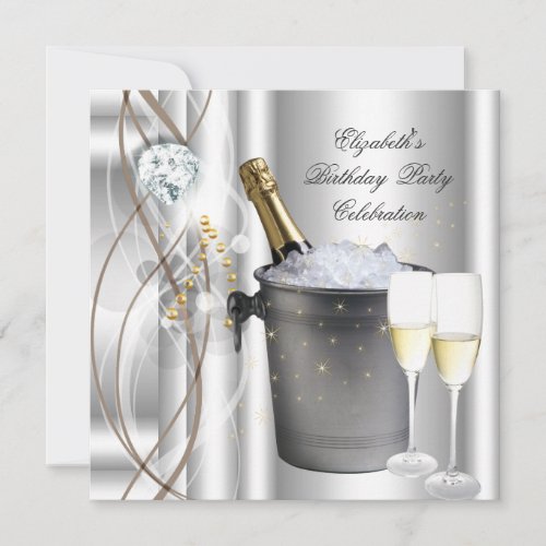 Elegant Silver Gold Champagne Birthday Party Invitation