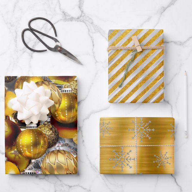 Elegant silver gold Christmas ornaments holidays W Wrapping Paper Sheets (Front)