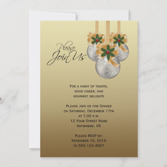 Elegant Silver Gold Christmas Ornaments Party Invitation (Front)