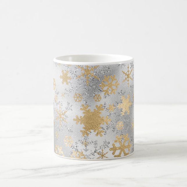 Elegant Silver Gold Christmas Snowflake Pattern Coffee Mug (Center)
