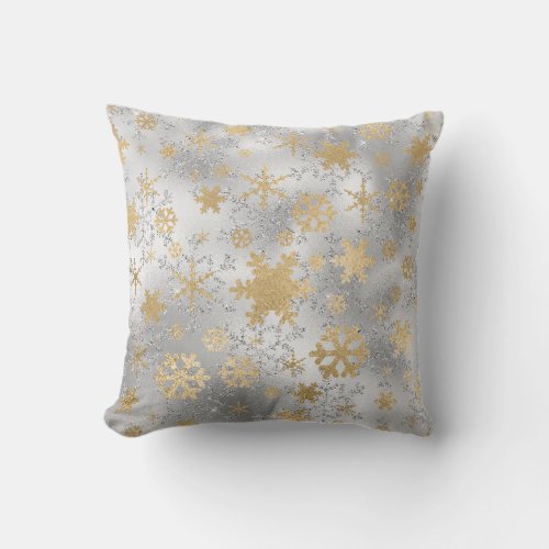 Elegant Silver Gold Christmas Snowflake Pattern Throw Pillow