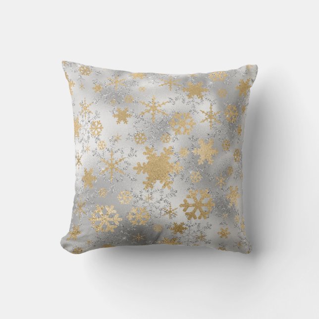 Elegant Silver Gold Christmas Snowflake Pattern Throw Pillow (Front)