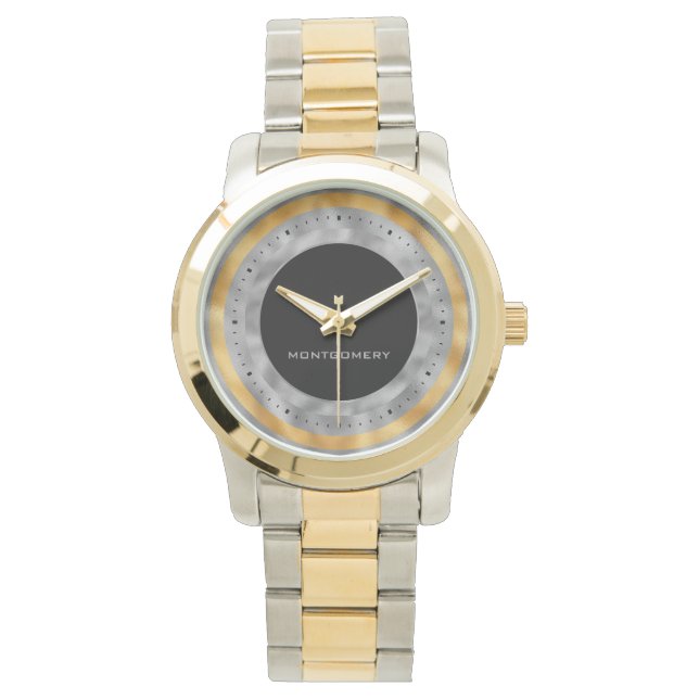 Elegant Silver Gold Foil Black Personalized Watch (Front)