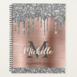 Elegant Silver Gold Glitter Drips Monogram 2022  Planner<br><div class="desc">Luxury silver glitter drips personalized name and monogrammed 2022 or any year planner. This design features silver gray (grey) glitter drips on faux blush pink rose gold brushed metal background with custom initial, monogram and first name text template. Perfect girly personalized gift. Great gift for school, professional work, home office....</div>