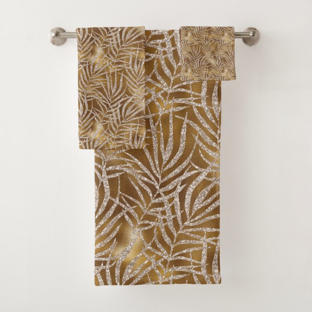 Elegant Silver Gold Glitter Foliage Pattern Chic Bath Towel Set (Insitu)