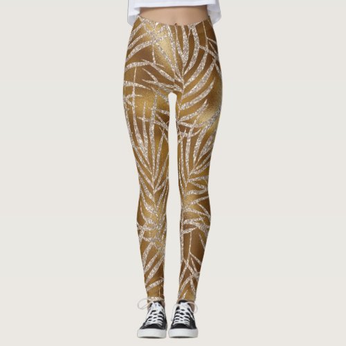 Elegant Silver Gold Glitter Foliage Pattern Chic Leggings