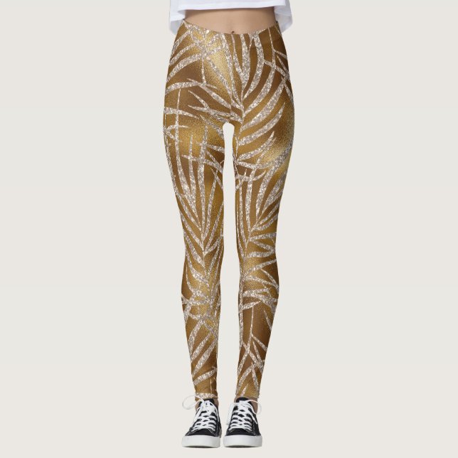 Elegant Silver Gold Glitter Foliage Pattern Chic Leggings (Front)
