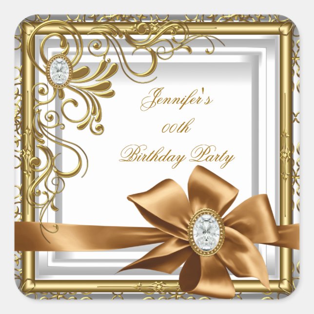 Elegant Silver Gold Jewel image Birthday Party Square Sticker (Front)