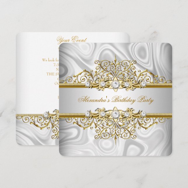 Elegant Silver Gold lace Diamond Birthday Party Invitation (Front/Back)