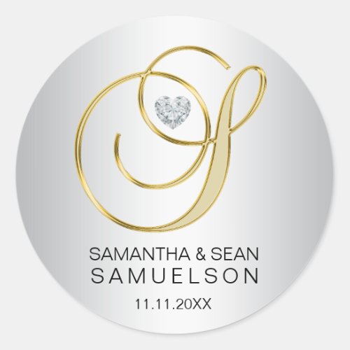 Elegant Silver Gold letter S Monogrammed Wedding Classic Round Sticker