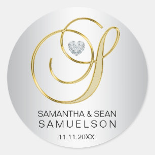Elegant Silver Gold letter 'S' Monogrammed Wedding Classic Round Sticker