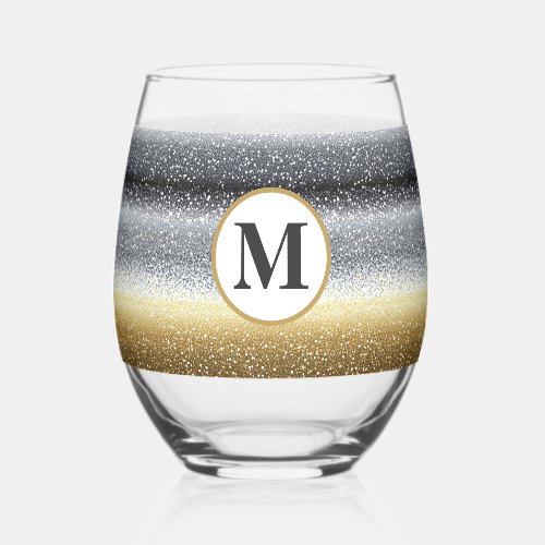 Elegant Silver Gold Personalized Monogram Stemless Wine Glass