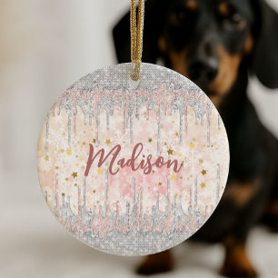 Elegant silver gold rose dripping glitter ceramic ornament