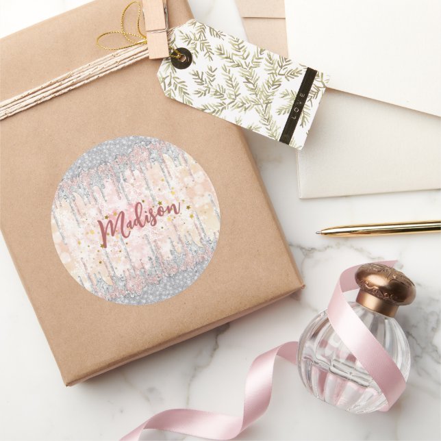 Elegant silver gold rose dripping glitter classic round sticker (Gifting)