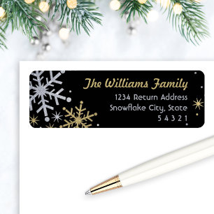 Elegant Silver Gold Snowflake Black Address Label