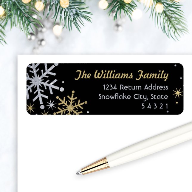 Elegant Silver Gold Snowflake Black Address Label (Creator Uploaded)