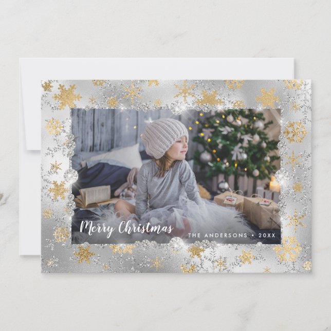 Elegant silver gold snowflakes custom photo holiday card (Front)