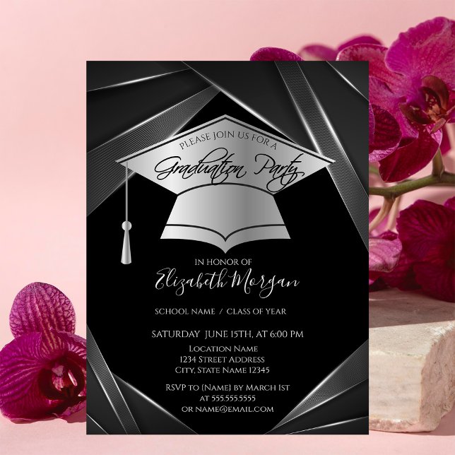 Elegant Silver Grad Cap Black Graduation   Invitation (Creator Uploaded)
