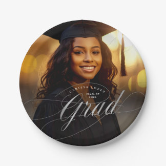 Elegant Silver Graduation Calligraphy Photo Paper Plates
