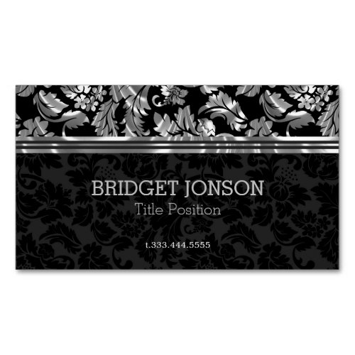 Elegant Silver Gray And Black Damask Business Card Magnet