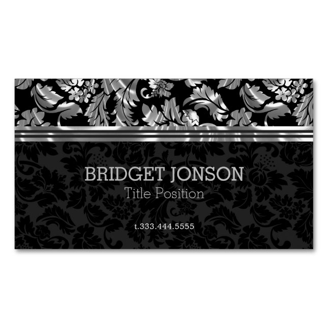 Elegant Silver Gray And Black Damask Business Card Magnet (Front)