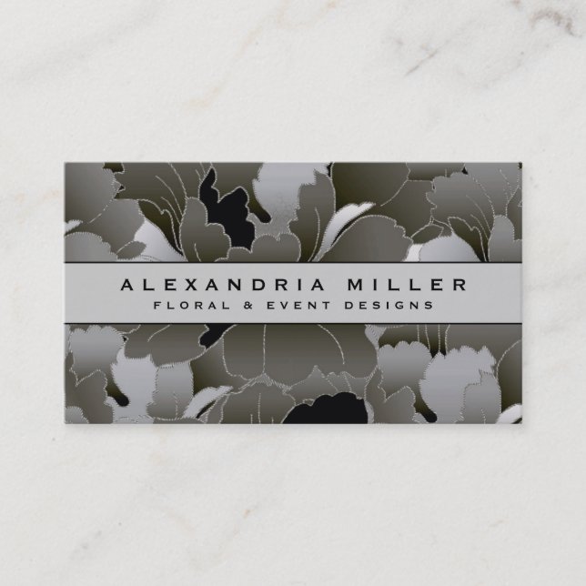 Elegant Silver Gray and Black Floral Business Card (Front)