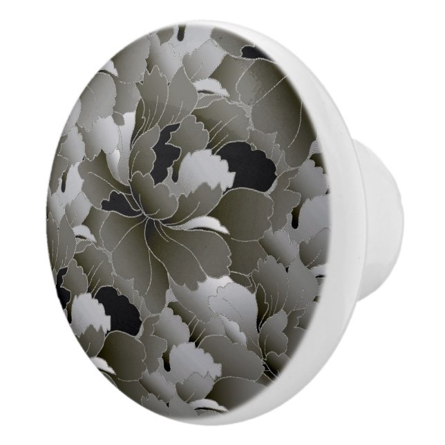 Elegant Silver Gray and Black Floral Ceramic Knob (Right)