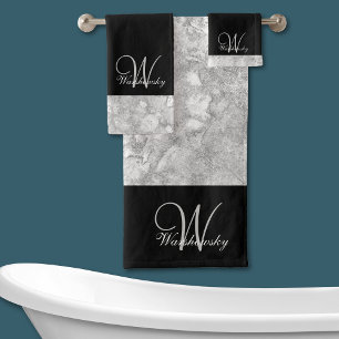Elegant Silver Gray and Black Monogrammed Bath Towel Set