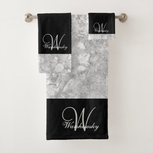 Elegant Silver Gray and Black Monogrammed Bath Towel Set