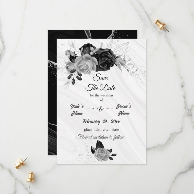 elegant silver gray & black floral save the date (Front/Back In Situ)