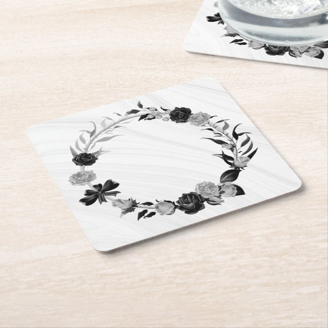 elegant silver gray & black floral square paper coaster (Angled)