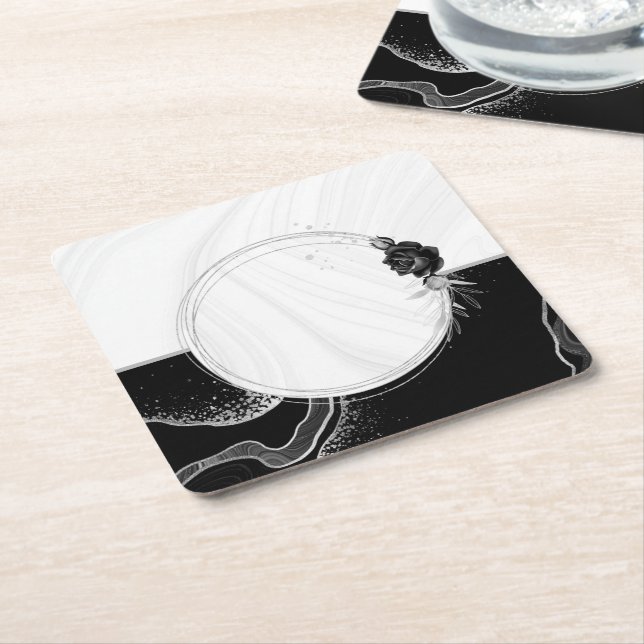 elegant silver gray & black floral square paper coaster (Angled)