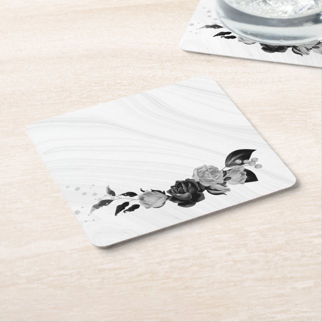 elegant silver gray & black floral square paper coaster (Angled)