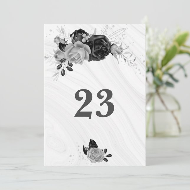 Elegant silver gray & black floral table number (Standing Front)